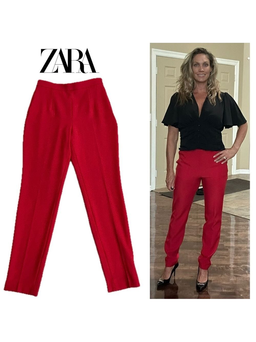 Zara Women's Red high waist high rise tapered slim fit ankle Pants Sz M